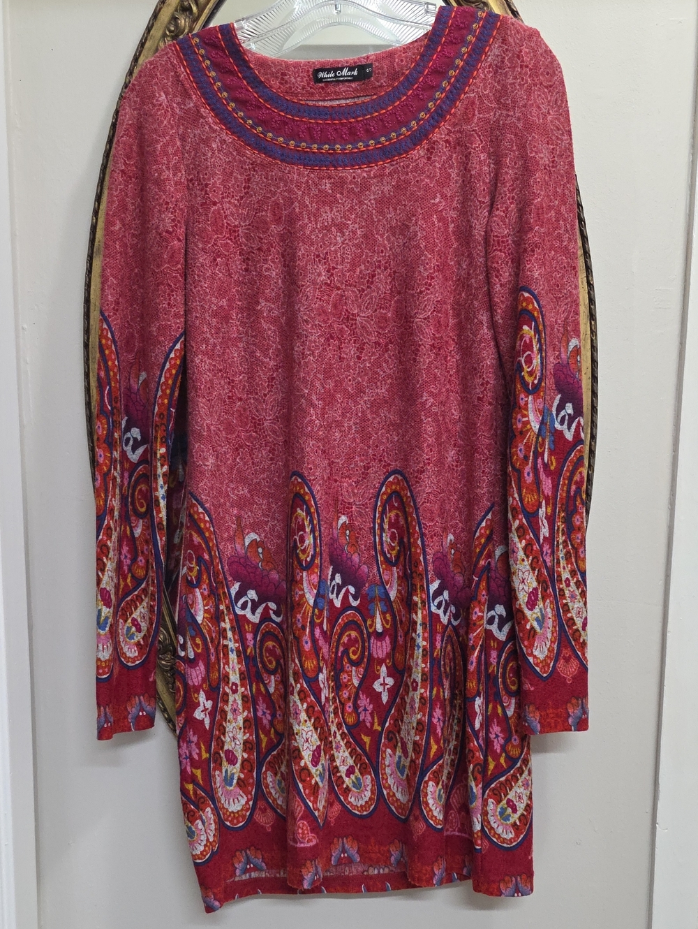 White Mark Red Paisley-Accent Long Sleeve Tunic Dress Size Small